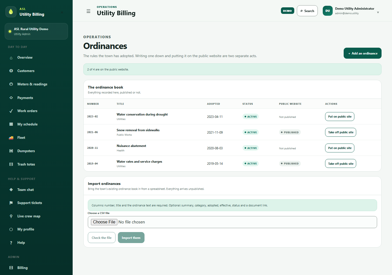 The Ordinances screen: the town's ordinance book listing number, title, date adopted, status, and whether each one is on the public website, with a spreadsheet importer below.